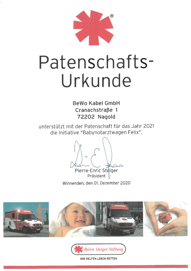 Patenschafts-Urkunde Babynotarztwagen Felix