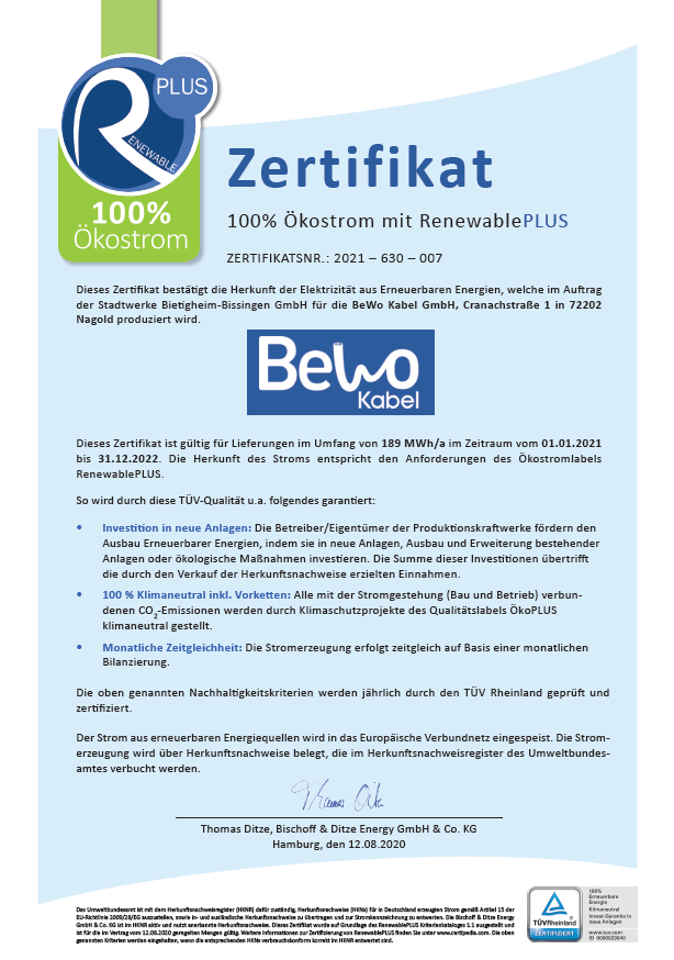 Zertifikat 100 Prozent Ökostrom